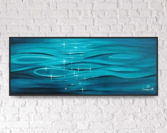 QUIÉTUDE Tableau abstrait bleu turquoise 50x20cm