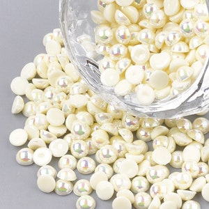 300 PERLES CABOCHON Demi Rond à coller acrylique Beige NACRE avec Reflets multicolores 4 mm - Dos Plat - Creation Diy