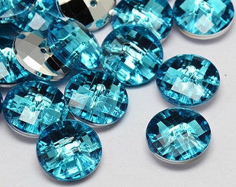 10 BOUTONS Acrylique STRASS Bleu Clair 2 trous rond diamètre 13 mm - creation couture DIY