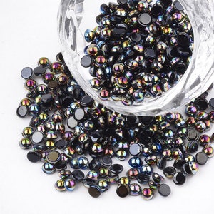 300 PERLES CABOCHON Demi Rond à coller acrylique Noir NACRE avec Reflets multicolores 4 mm - Dos Plat - Creation Diy