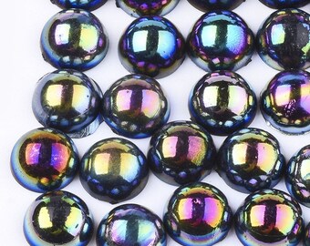 100 Half Round CABOCHON Beads to glue Black NACRE AB acrylic with multicolored reflections 8 mm - Flat back - Creation Diy