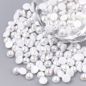 300 PERLES CABOCHON Demi Rond à coller acrylique Blanc NACRE avec Reflets multicolores 4 mm - Dos Plat - Creation Diy