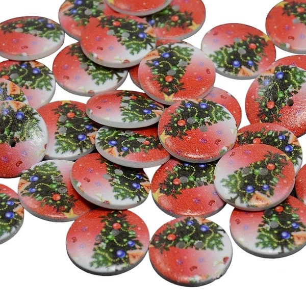 10 BOUTONS BOIS Rouge Motif Sapin de Noel Rond 20 mm 2 trous - creation couture diy