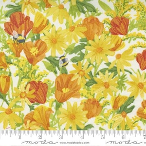 Wild Blossoms - Robin Pickens - Daisies and Poppies - Cream - 48731-11 - Fabric is sold in 1/2 yard increments and cut continuously
