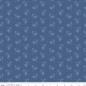 Bee Basic - Lori Holt - Cross Stitched Hearts - C6401-Blue - Fabric is sold in 1/2 yard increments and cut continuously
