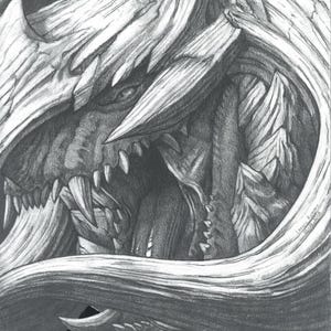 May include: Detailed pencil drawing of a dragon's head, showcasing sharp teeth and textured scales. The artwork is in grayscale, with a focus on the dragon's menacing expression and intricate details. The drawing style is realistic, with a dramatic, close-up perspective.