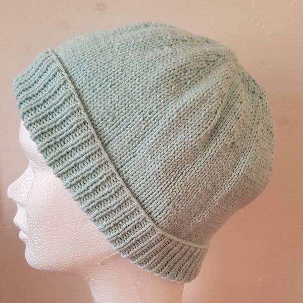 Bonnet femme vert d'eau, tricoté à la main, en coton et acrylique, en jersey, avec revers