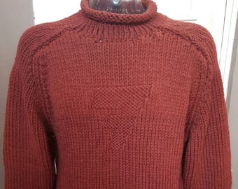 Men's sweater, rolled collar, size 48/50 or XL, hand knitted, brown color, large knit sweater, wool, brown color