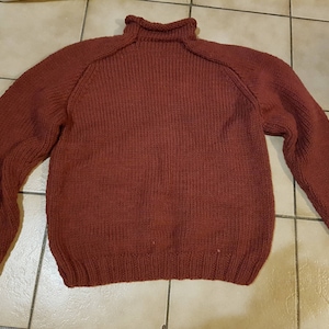 Pull pour homme, col roulotté, taille 48 / 50 ou XL, tricoté à la main, couleur marron, pull grosses mailles, en laine, couleur marron image 5