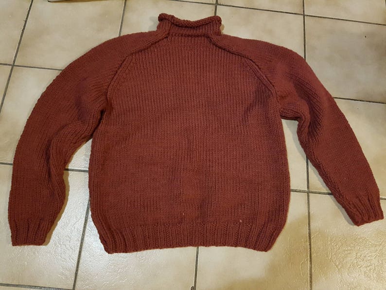 Pull pour homme, col roulotté, taille 48 / 50 ou XL, tricoté à la main, couleur marron, pull grosses mailles, en laine, couleur marron image 5