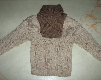 Baby sweater size 12 months, beige and brown sweater, Irish spirit, shawl collar, hand knitted, acrylic, boy layette