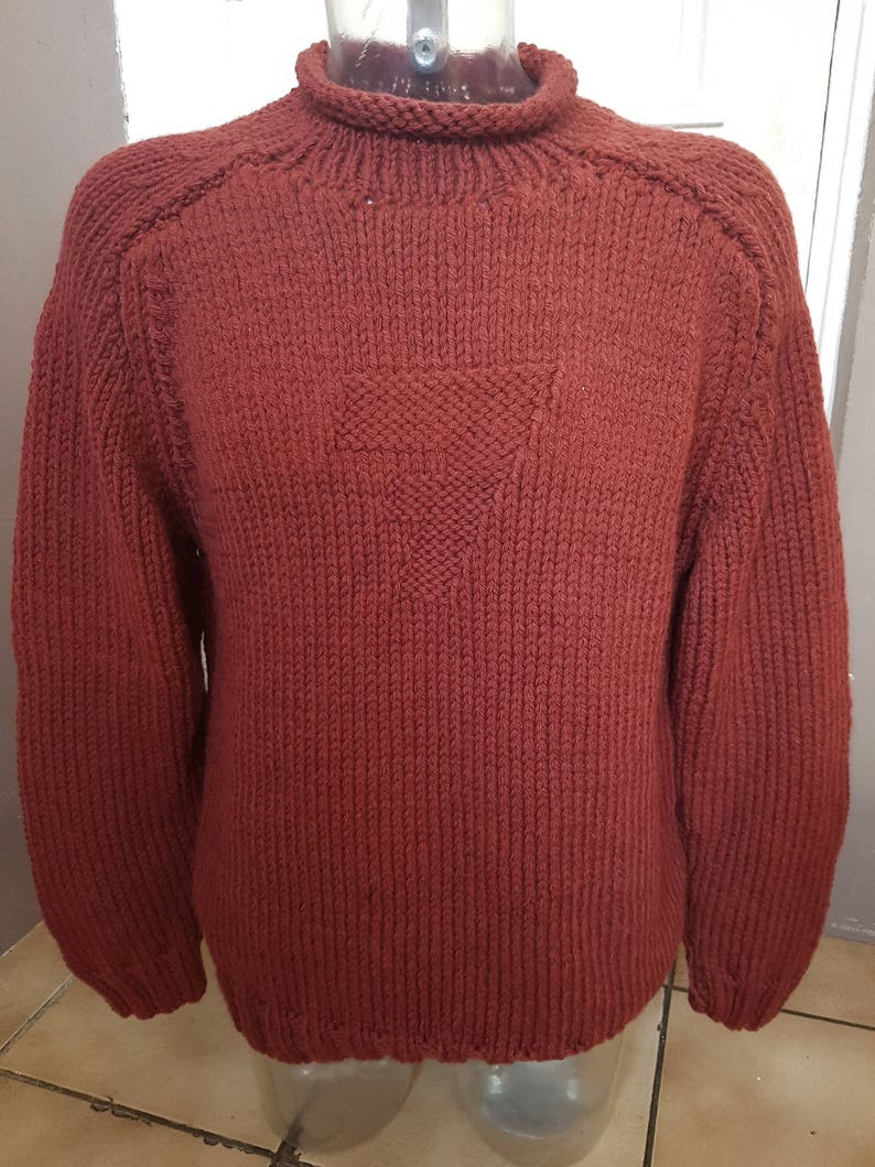 Pull pour homme, col roulotté, taille 48 / 50 ou XL, tricoté à la main, couleur marron, pull grosses mailles, en laine, couleur marron image 1