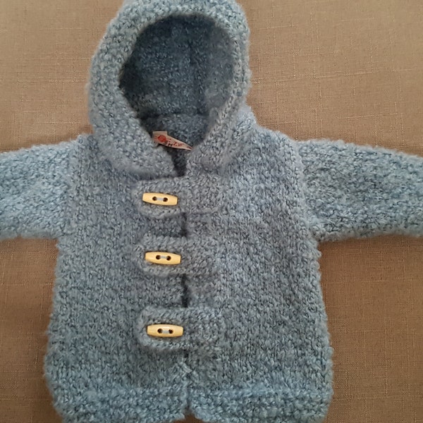 Veste à capuche, manteau bleu pour bébé, gilet au tricot, manteau fait à la main, 3 tailles, veste très douce, chaude, en laine, fil peluche