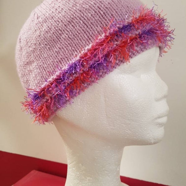 Bonnet pour bébé, rose au tricot, fait à la main, en acrylique, avec volant, décoration fourrure, tailles 6 mois, 12 mois, 2 ans et 4 ans