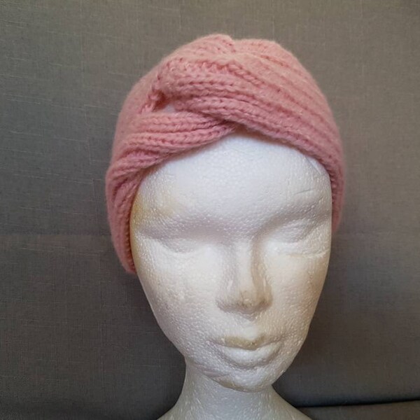 Headband for women, hand knitted, with needles, mohair look, in acrylic and polyamide, ribbed, several colors to choose from