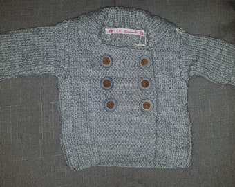 Gray overcoat for boy, coat size 3 months, hand knitted, wool jacket, alpaca vest, baby clothing, boy winter layette