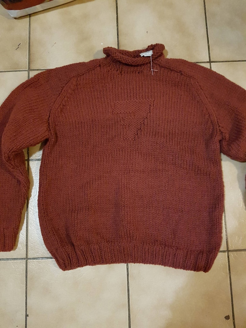 Pull pour homme, col roulotté, taille 48 / 50 ou XL, tricoté à la main, couleur marron, pull grosses mailles, en laine, couleur marron image 4