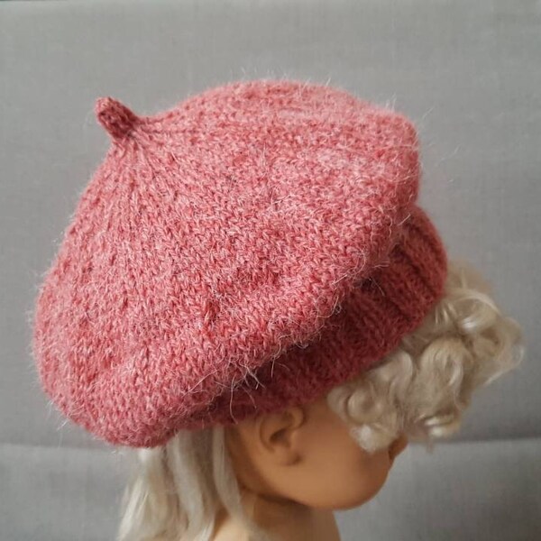 Béret pour enfant, en laine et alpaga,  au tricot, fait à la main, rouge ou rose, en fil français,  en jersey, 2 ans, 4 ans, 6 ans, 8 ans