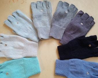 Mittens with fingers, and matching sleeves, knitted, handmade with needles, in acrylic, for women, several colors, blue