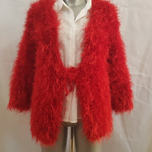 Veste rouge, veste à poils, gilet pour femme, tricotée à la main, pièce unique, imitation fourrure, en polyester, col V, taille 40, habillé