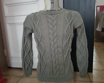 Men's cable-knit sweater, size XL, hand-knitted, gray green, in combed wool and acrylic, round neck, French thread, unique piece