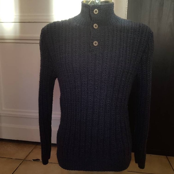 Pull pour homme, taille L, pull avec col boutonné, en côtes fantaisie, pull en polyamide et acrylique, au tricot, fait à la main, sans laine