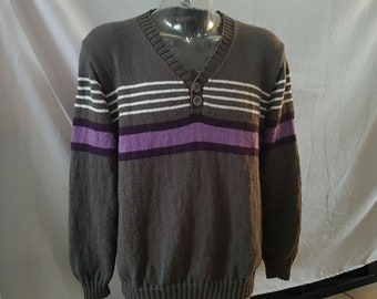 Men's sweater, hand knitted, French wool, V-neck, brown with stripes, size XXL, chic and casual, trendy sweater