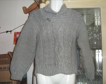 Pull pour garçon, pull gris irlandais, avec col châle, taille 6 ans, tricoté à la main, en laine, au point de riz, avec torsades