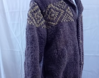 Cárdigan marrón de cuello chal para niño con tejido jacquard, tejido a mano con hilo reciclado, 6 y 8 años