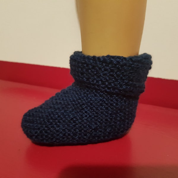 Chaussons pour bébé, au point mousse, tricotés à la main, en laine mélangé, fil français, bleu marine, bleu, gris, mauve, plusieurs tailles