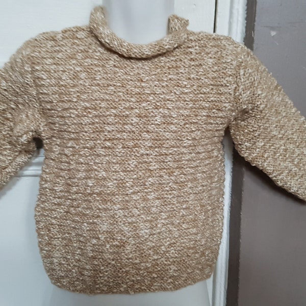 Pull beige pour fille, pull taille 2 ans, tricoté à la main, en acrylique et coton, au point de godron, fil fabriqué en France, col rond