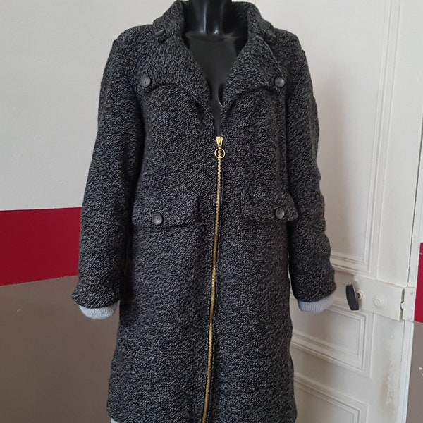 Manteau en laine, en fil chiné noir et gris Jaspee, taille 42/44, tricoté à la main, pièce unique, avec fermeture et col, rétro, vintage