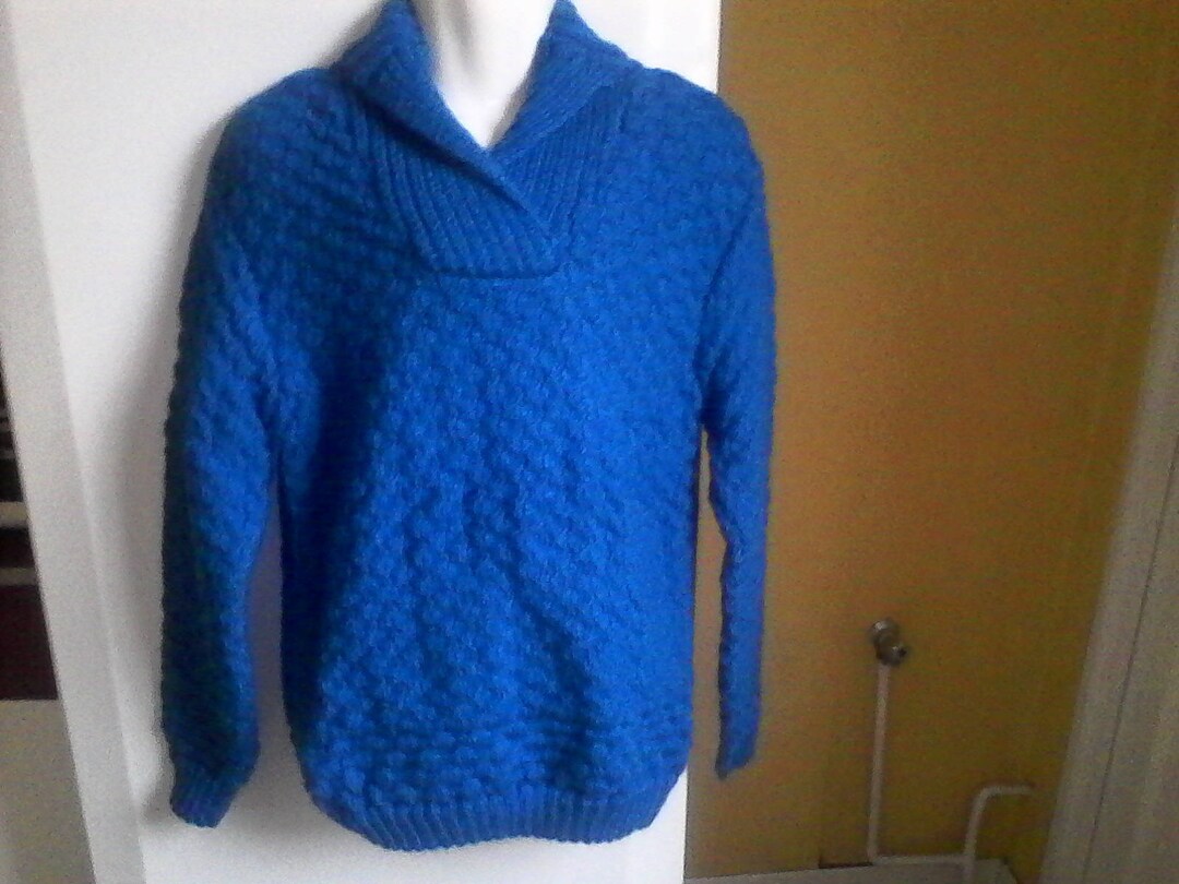 Electric Blue Sweater, Boy's Size 10 Years, Handknitted, With Shawl