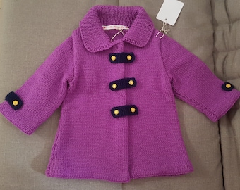 Girl knit coat, jacket size 12 months, hand knitted, fuchsia purple coat, in acrylic, with collar and frog