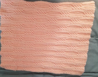 Very warm baby blanket, peach orange blanket, hand knitted, in acrylic and wool, 50 x 60 cm, baby layette, for bassinet