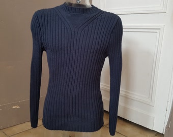 Men's sweater, navy blue, cotton sweater, crew neck, size L, hand knitted, ribbed, close-fitting, fine all-season sweater