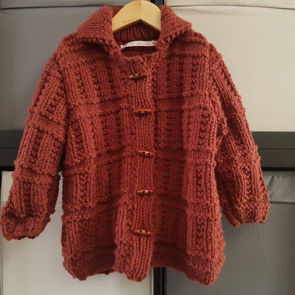 Manteau marron, acajou, au tricot, fait à la main, taille 4 ans, en laine, long gilet, veste parka, grosse maille