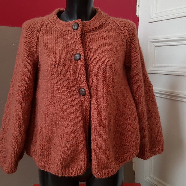 Veste trapèze en mailles, gilet taille 34/36, veste tricotée à la main, en fil français, en mohair et alpaga, couleur marron cuivre