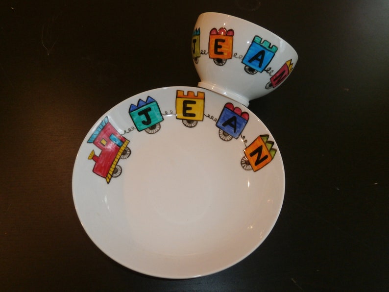 service 5 pièces porcelaine peint personnalisé motif au choix 2 assiettes, bol, timable, coquetier image 7