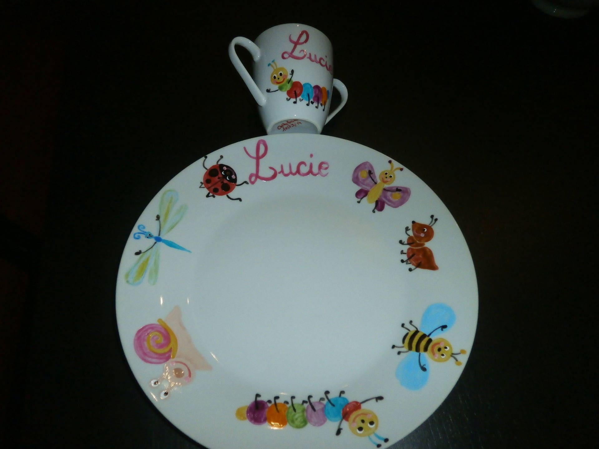 Assiette et Timbale Peintes à La Main Petites Bêtes Personnalisée
