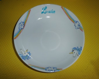 assiette personnalisée licornes enfant en porcelaine blanche de limoges peinte