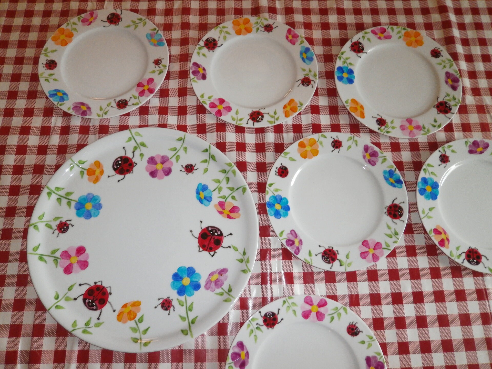 Plat à Tarte & Ses 6 Assiettes Dessert Porcelaine Peinte Personnalisé