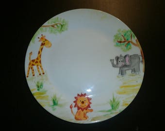 Flache Porzellan Teller aus Limoges gemalt Elefant giraffe und Löwe