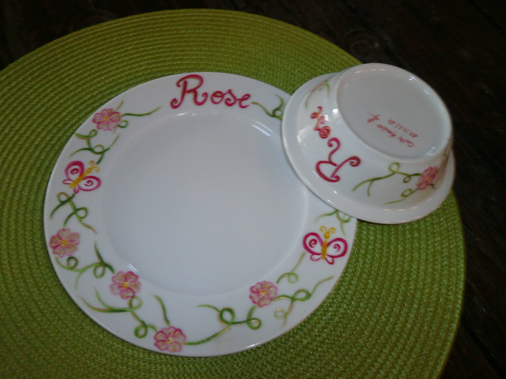 Assiette et Bol Porcelaine Peinte Bébé Motif Fleurs Entrelacs Rose & Or Personnalisés