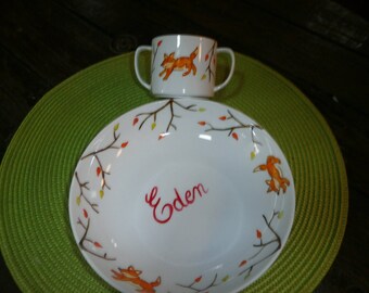 assiette & timbale porcelaine peintes personnalisées motif renard et couleur d'automne