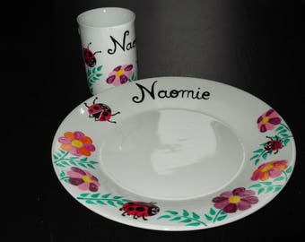 ensemble vaisselle peint "coccinelle" personnalisé avec prénom