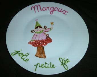 Personalized painted flat plate for children "fairy on mushroom"