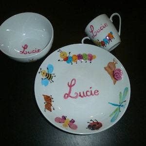 service 3 pièces en porcelaine peint à la main &quot; petite bêtes &quot; ou autre motif au choix