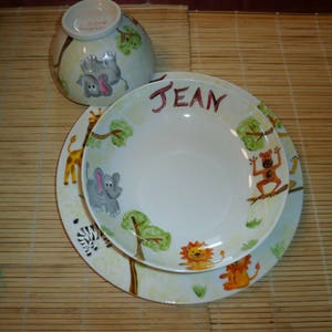 3-piece service flat and deep plate, personalized bowl with farm, jungle or African pattern image 1