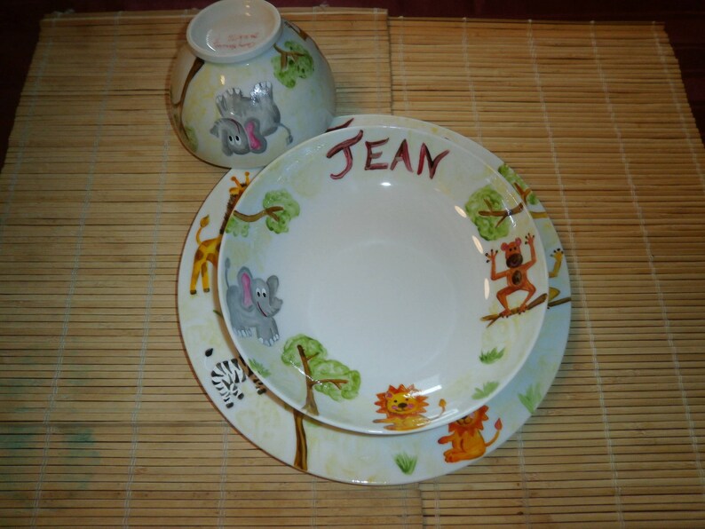 3-piece service flat and deep plate, personalized bowl with farm, jungle or African pattern image 1